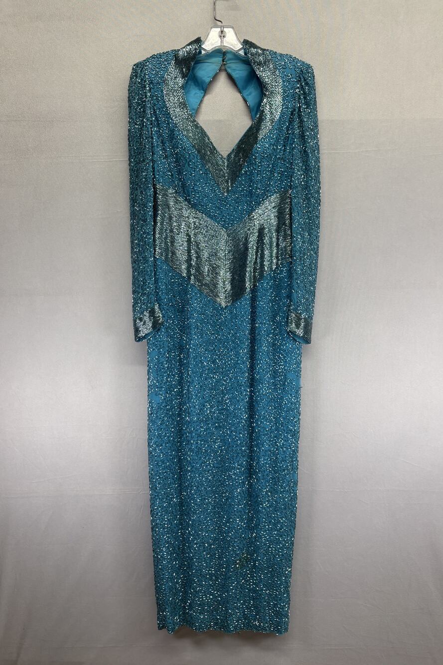 AS IS Vintage 80s Claire's Collection Beaded Gown Teal Repair Project Bust 32